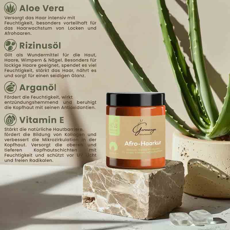 Afro-Haarkur Naturkosmetik von Germanya mit Aloe Vera, Rizinusöl, Arganöl und Vitamin E für lockiges und krauses Haar