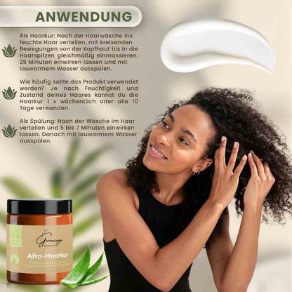 Anwendung der Afro-Haarkur von Germanya Naturkosmetik bei lockigem Haar zur Feuchtigkeitspflege
