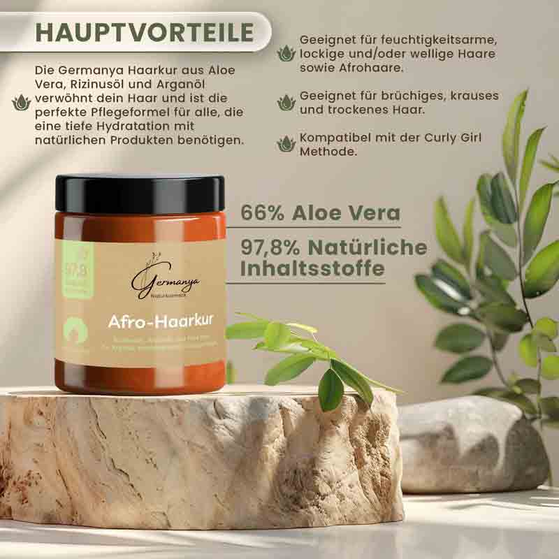 Hauptvorteile der Afro-Haarkur von Germanya Naturkosmetik mit Aloe Vera für lockiges und Afro-Haar