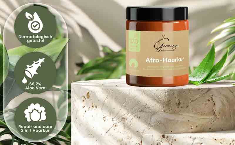 Afro-Haarkur Naturkosmetik von Germanya mit Aloe Vera, Arganöl und Rizinusöl für krauses und lockiges Haar