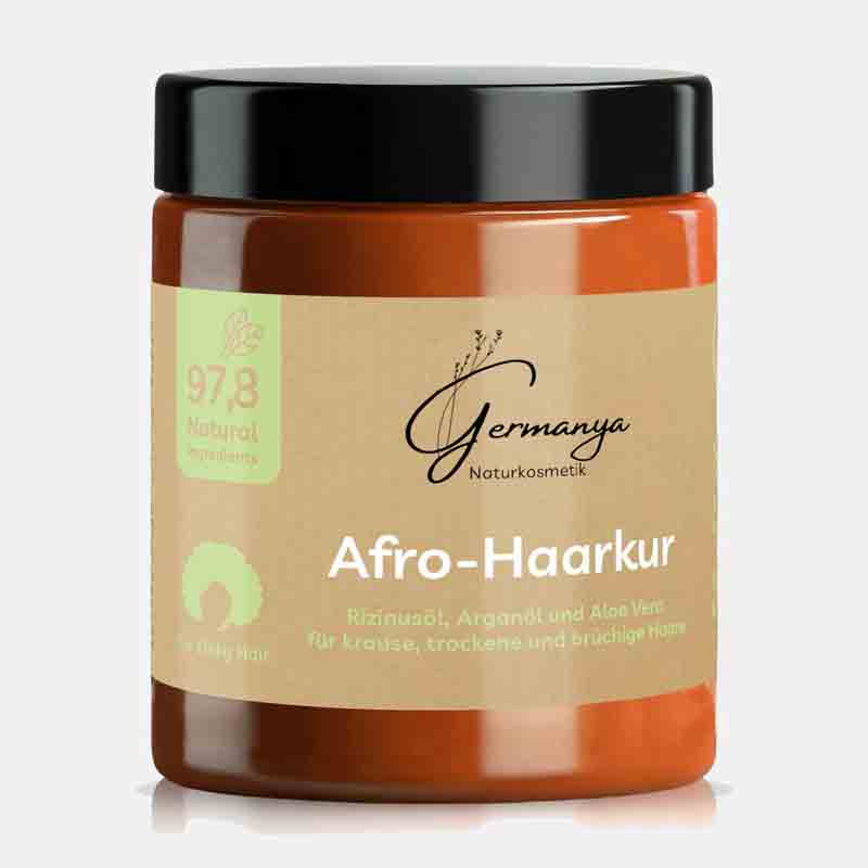 Afro-Haarkur Naturkosmetik von Germanya mit Arganöl, Rizinusöl und Aloe Vera für lockiges und krauses Haar