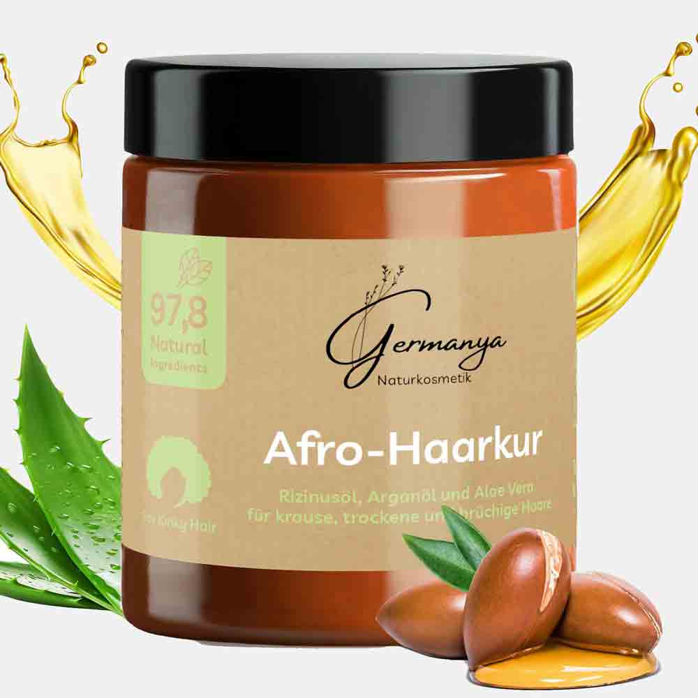 Afro-Haarkur Naturkosmetik von Germanya mit Arganöl, Rizinusöl und Aloe Vera für krauses und lockiges Haar